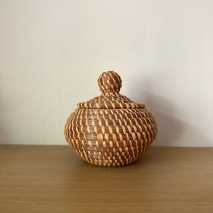Vintage Woven Lidded Container | Boho Straw Box with Lid