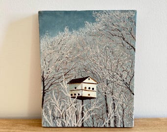 Dipinto vintage firmato "Casetta per uccelli invernale" / Acrilico, opera d'arte stagionale originale realizzata a mano