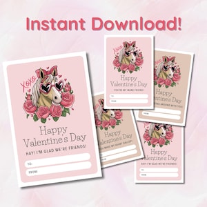 Pferde Valentinstag Karten ausdrucken, süßes Pony Valentinstag Karten-Download, Pferd Valentinstag für Kinder, Pony Valentinstag Karte zu Hause drucken