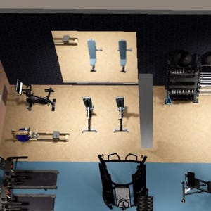 May include: A gym with various exercise equipment, including treadmills, rowing machines, and weight racks. The gym has a blue and gray floor with a light brown wall.