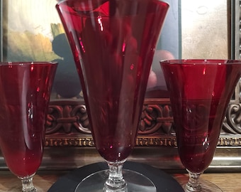 Morgantown Ruby Red Stemware Set of 4, Mid Century Elegant Glass Goblets