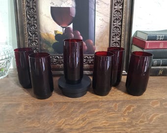 Juego de 6 vasos de cristal rojo rubí vintage – Vasos altos de mediados de siglo