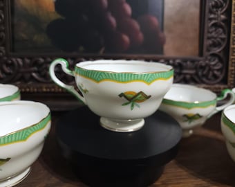 Juego de 6 tazas de té de porcelana fina Aynsley, Inglaterra, color verde y dorado, estilo Art Déco vintage.