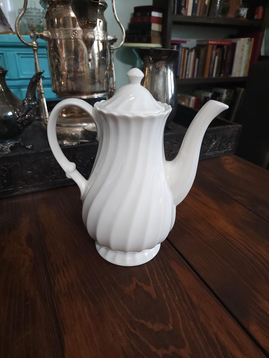 Vintage Porcelain Coffee Pot – Swirl Fluted Sheffield Style Tea Server ...