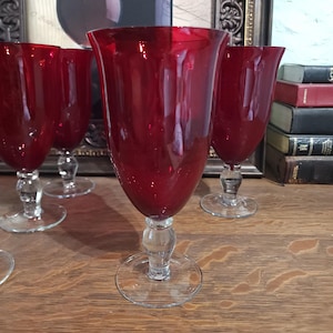 Set of 6 Vintage Ruby Red Glass Goblets, 20 oz Clear Stem Water Glasses