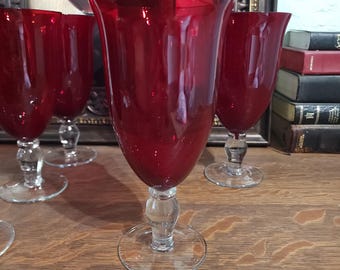 Juego de 6 copas de cristal rojo rubí vintage, vasos de agua de tallo transparente de 590 ml (20 oz)