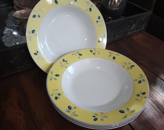 Juego de 4 cuencos para sopa de arándanos Royal Doulton: borde amarillo, diseño de bayas, vajilla de porcelana.