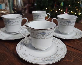 Tazas y platillos de té vintage JP Diane: porcelana fina, Japón, detalles en platino