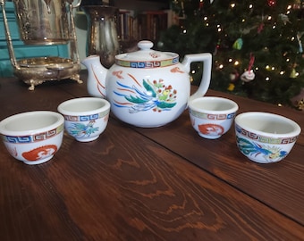 Juego de té de porcelana china vintage, dragón y fénix, tetera con tazas