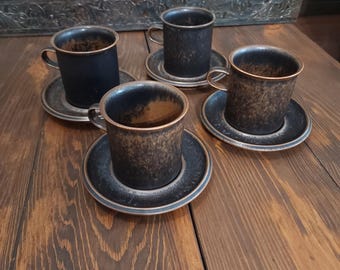 Juego de taza y platillo vintage de cerámica Ruska Arabia Finland, estilo escandinavo moderno, marrón moteado