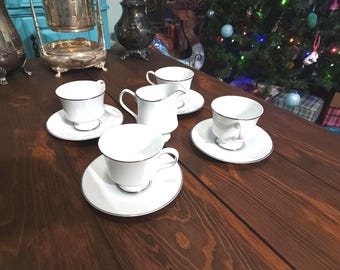 Juego de té vintage de porcelana fina Sango Sheffield, blanco con detalles en platino, Japón, décadas de 1970 y 1980