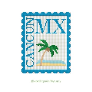 May include: A cross-stitch design resembling a postage stamp. The stamp features the word "CANCUN" vertically on the left side and "MX" at the top right, with a palm tree and beach scene in the center. The border is blue.