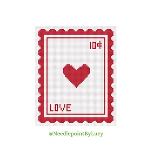 May include: Red and white needlepoint design of a postage stamp with a heart and the word "LOVE" on it. The stamp has a 10p price tag.