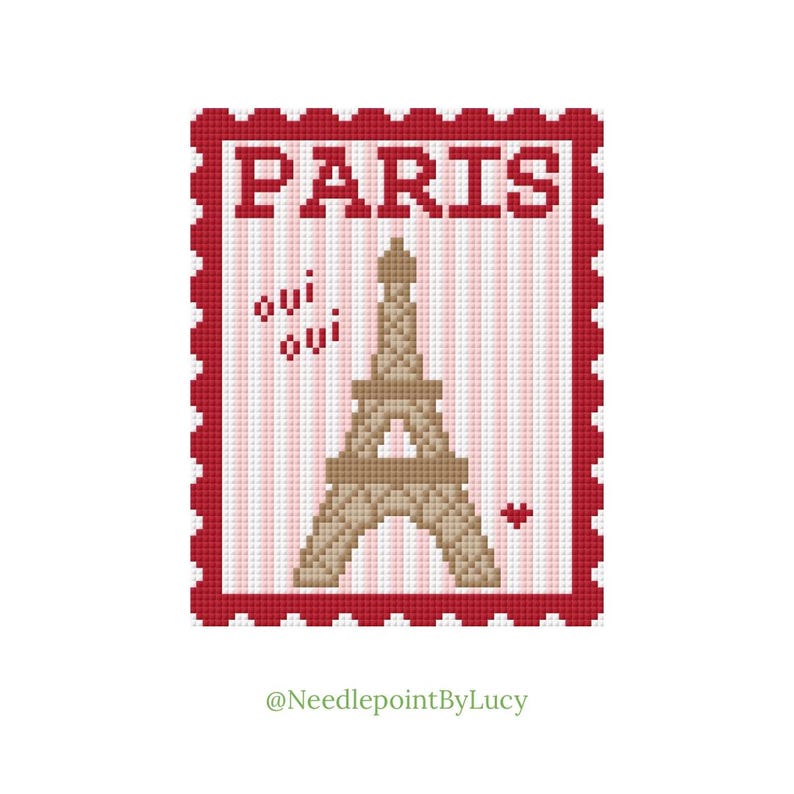 Op de afbeelding: Een kruissteekontwerp met de Eiffeltoren in bruin, met het woord "PARIS" erboven. Het ontwerp bevat de woorden "oui oui" en een klein hartje, allemaal binnen een rode rand.