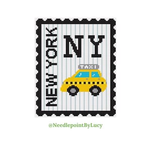 Könnte beinhalten: Ein Kreuzstich-Design eines New Yorker Taxis auf einer Briefmarke. Die Briefmarke zeigt den Text "NEW YORK" und "NY" in Schwarz, mit einem gelben Taxi und dem Text "TAXI" oben.