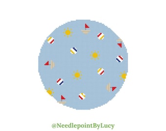 Summer Sailboat Beach Pattern 5 Inch Round Needlepoint Chart PDF