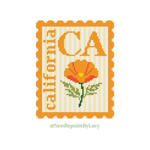May include: A cross-stitch design resembling a postage stamp, with the word "California" and the abbreviation "CA" in orange. It features an orange poppy flower with green leaves and stem. The background is striped in white and yellow.