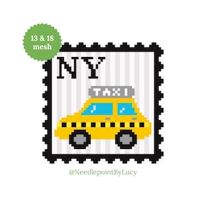May include: A pixelated image of a yellow taxi cab with blue windows, a gray roof sign that says "TAXI", and black wheels. The taxi is set against a white and gray striped background with the letters "NY" above it. The image is framed by a black border.