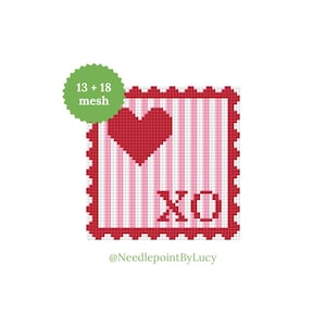 May include: A needlepoint design featuring a red heart and the letters "XO" on a striped pink and white background. The design is framed with a red border and includes the text "13 + 18 mesh" and "@NeedlepointByLucy".