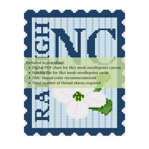May include: A cross-stitch design resembling a postage stamp, with the word "ENG" in dark blue letters. The design includes a white flower with green leaves and the text "RA". The image also includes a list of included items.