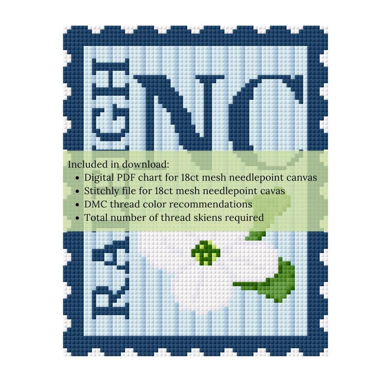 May include: A cross-stitch design resembling a postage stamp, with the word "ENG" in dark blue letters. The design includes a white flower with green leaves and the text "RA". The image also includes a list of included items.