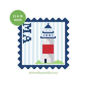May include: A pixelated lighthouse design on a postage stamp. The lighthouse is white with a red midsection and a blue top. The stamp has a blue border and vertical blue stripes. Text includes "M19" and "13 & 18 mesh". The design is by @NeedlepointByLucy.