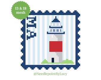 Descarga el patrón de bordado con sello del faro de Nantucket, Massachusetts, en formato PDF (malla 13 y 18).