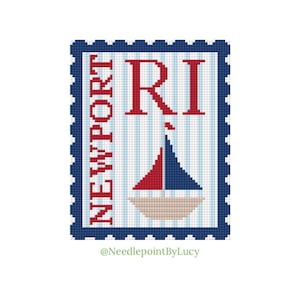 May include: A needlepoint design resembling a postage stamp, featuring the text "NEWPORT" and "RI" in red, with a sailboat illustration. The background has blue and white vertical stripes, and the border is blue with a scalloped edge.