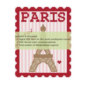 Op de afbeelding: Een kruissteekontwerp met het woord "PARIS" in het rood en een illustratie van de Eiffeltoren. Het ontwerp bevat de tekst "Included in download: Digital PDF chart for 18ct mesh needlepoint canvas, DMC thread color recommendations, Total number of thread skiens required."