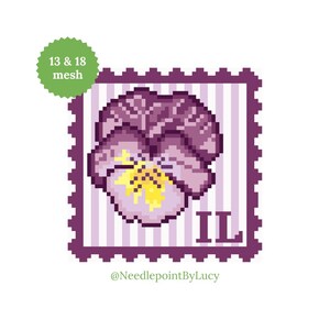 May include: A pixelated image of a purple pansy flower with yellow and white accents, set against a striped background. The design is framed within a dark purple postage stamp border. Text includes "13 & 18 mesh" and "IL". The artist's name is also included.