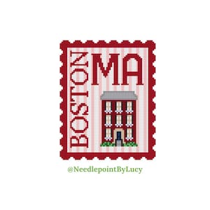 Könnte beinhalten: Ein rotes und weißes Kreuzstich-Design eines Gebäudes mit dem Text "BOSTON MA" auf einem roten Stempel.
