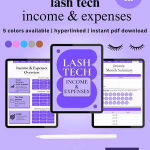 Lash Tech Income & Expense Tracker Dashboard | Digital Business Finance Planner for Small Business Owners, Lash Techs and Creators