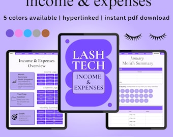 Dashboard di monitoraggio delle entrate e delle spese di Lash Tech / Planner finanziario aziendale digitale per titolari di piccole imprese, Lash Tech e creatori