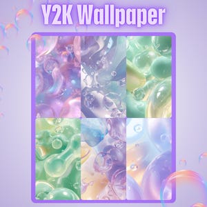May include: A digital art piece featuring six panels of abstract designs with a Y2K aesthetic. Each panel showcases a unique blend of colors, including pink, blue, green, and purple, with bubble-like shapes and flowing textures. The text "Y2K Wallpaper" is at the top.