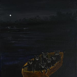 Raccoons in Rowboat Painting: Whimsical Wildlife Acrylic wall art, 9x12in handmade home decor
