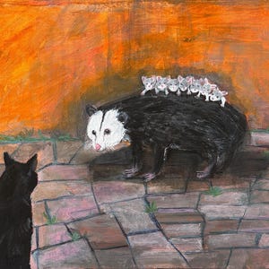 Cat and Opossum Painting – Funny Animal Art, Original Acrylic on Canvas 8x10in