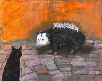 Opossum painting, acrylic on canvas 8x10in, Woodland Art, handmade