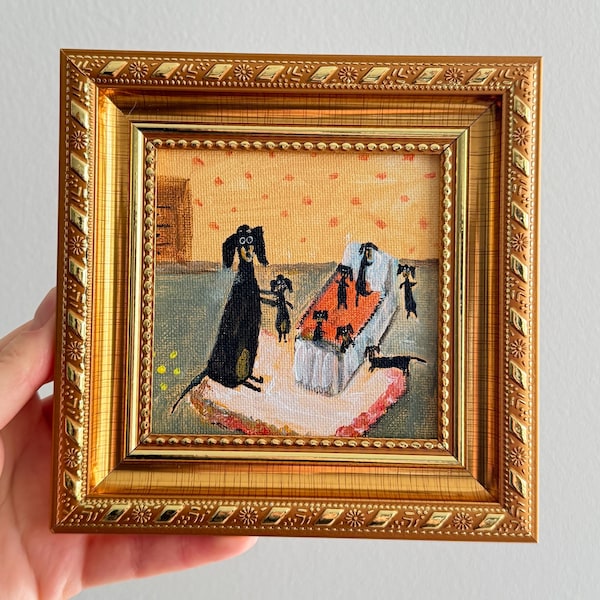 Schilderij teckel met puppy – 4 x 4 in origineel acryl in gouden lijst, handgemaakt