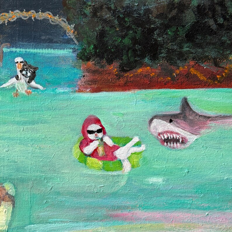 May include: An acrylic painting depicts a whimsical scene of a shark and a person in a red hooded outfit floating in a pool. The person is wearing sunglasses and is in a green inflatable ring. Other figures include a swan and a raccoon.
