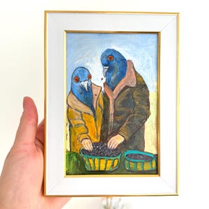 Funny Pigeon Painting: Original Acrylic Bird Art with Gold Leaf Frame