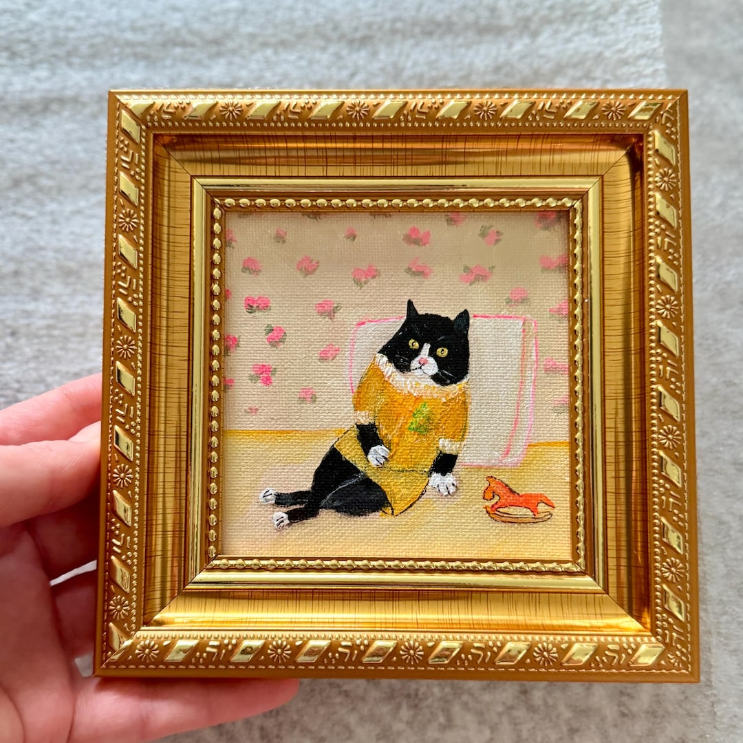 Cat Painting Original in Gold Frame, Acrylic Mini Painting 4x4 - Etsy