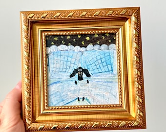 Dachshund  Original Oil Painting, Mini Canvas 4x4 Framed Art, valentines gift for pet lover