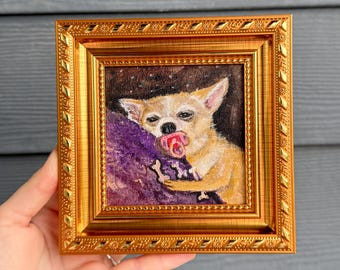 Cuadro de chihuahua con chupete, arte de perro durmiendo, mini acrílico (4 x 4 pulgadas)