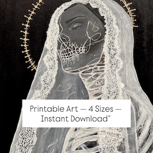 Gothic Bride Art Print: Skeleton Woman in Lace Veil (Digital Download, 4 Sizes Included)