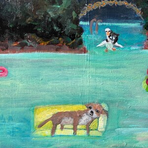 May include: An acrylic painting depicts a whimsical scene of a pool with a dog lounging on a yellow float. A swan with a dog on its back floats nearby. The water is turquoise, and the sky is a mix of green and brown.