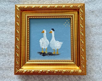 Vintage Goose Painting in Gold Frame – Original Acrylic Art, Cottagecore Decor