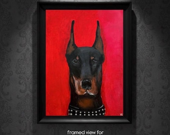キャンバスに描かれたドーベルマンのオリジナル油絵、犬の肖像画の壁
