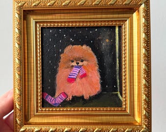 Original Pomeranian Acrylic Painting 4x4 – Framed Dog Art