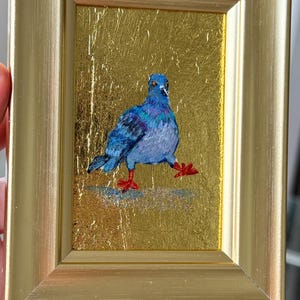 Pigeon Oil Painting with gold leaf: Framed Miniature Bird Art, original gift, home decor