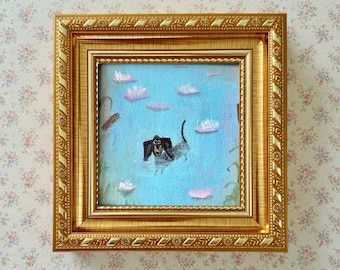 Dachshund Oil Painting - Miniature Pet Art, Gold Frame (6x6in)